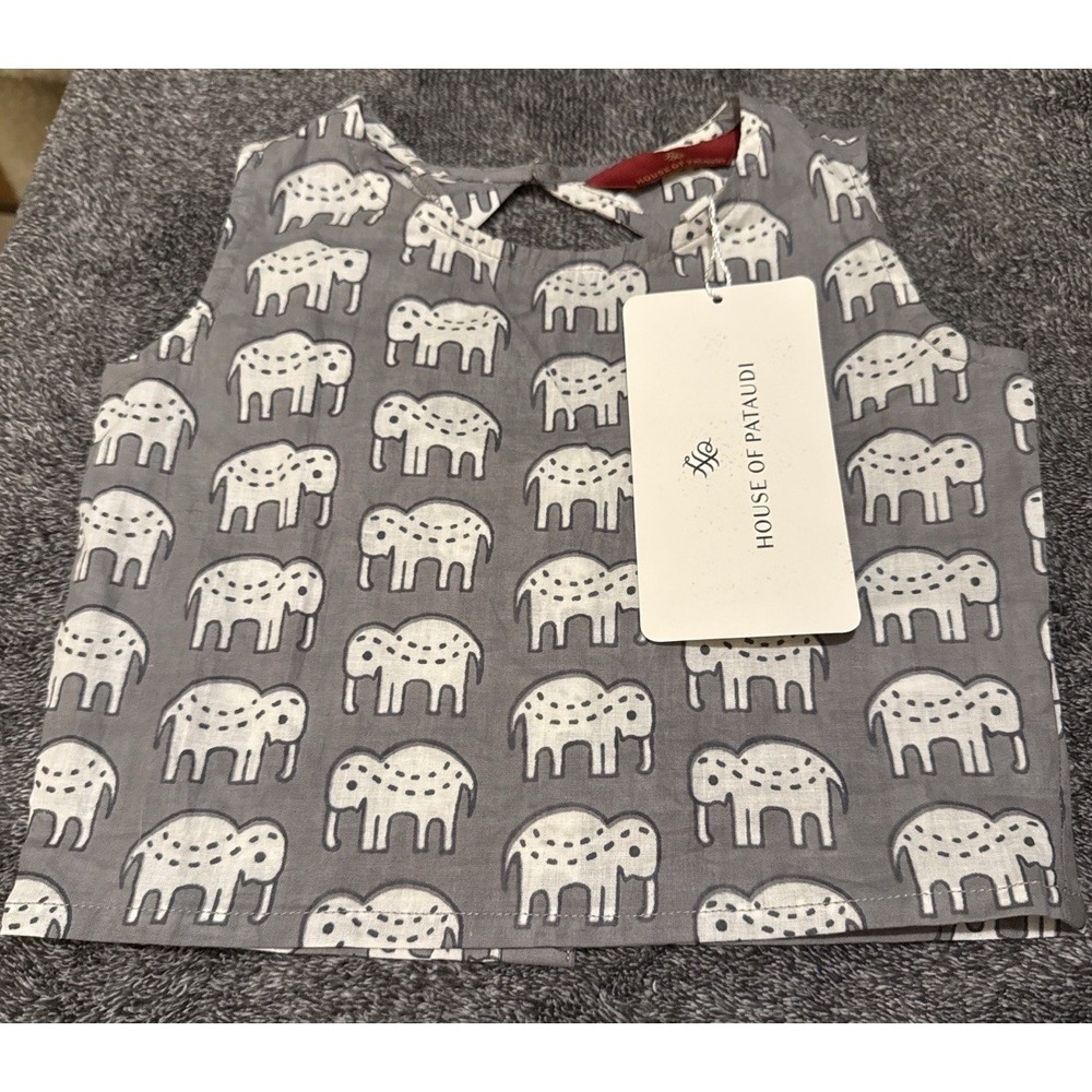House of Pataudi Elephant‎ Print Sleeveless Top Kids 4–5Y Gray White NWT
